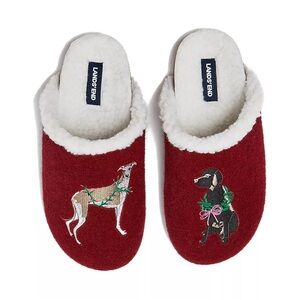 NEW Women LANDS’ END Sherpa Lined Clog Slippers Burgundy embroidered dogs Sz 8
